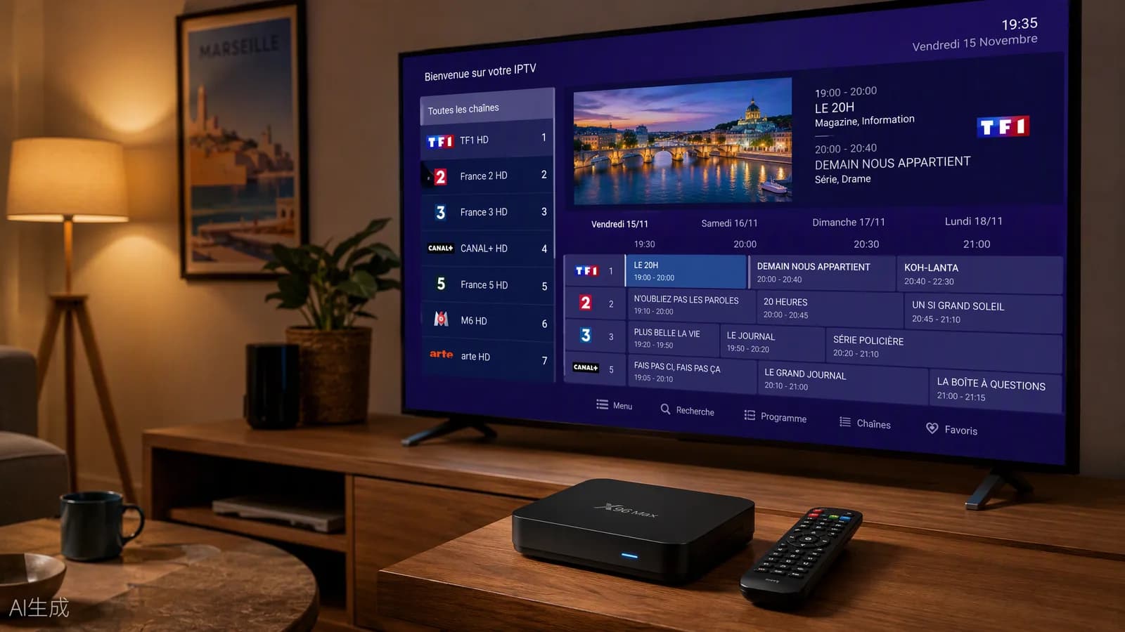 Boîtier IPTV Android posé devant un téléviseur affichant le guide des chaînes françaises, télécommande à côté