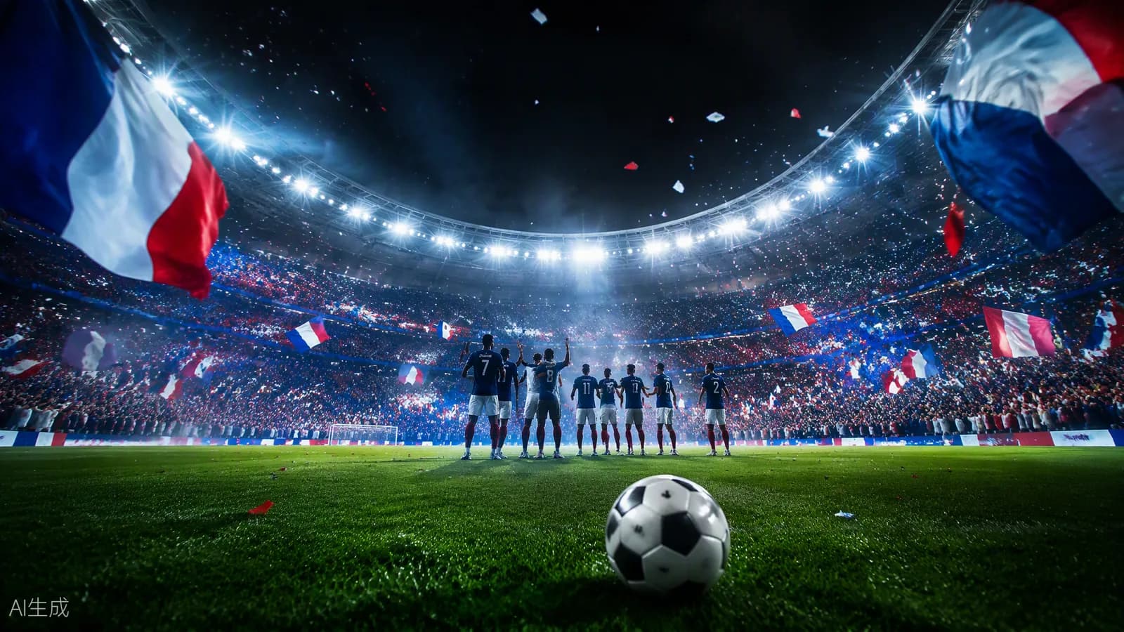 Drapeaux tricolores dans un stade plein, joueurs en bleu célébrant sous les projecteurs