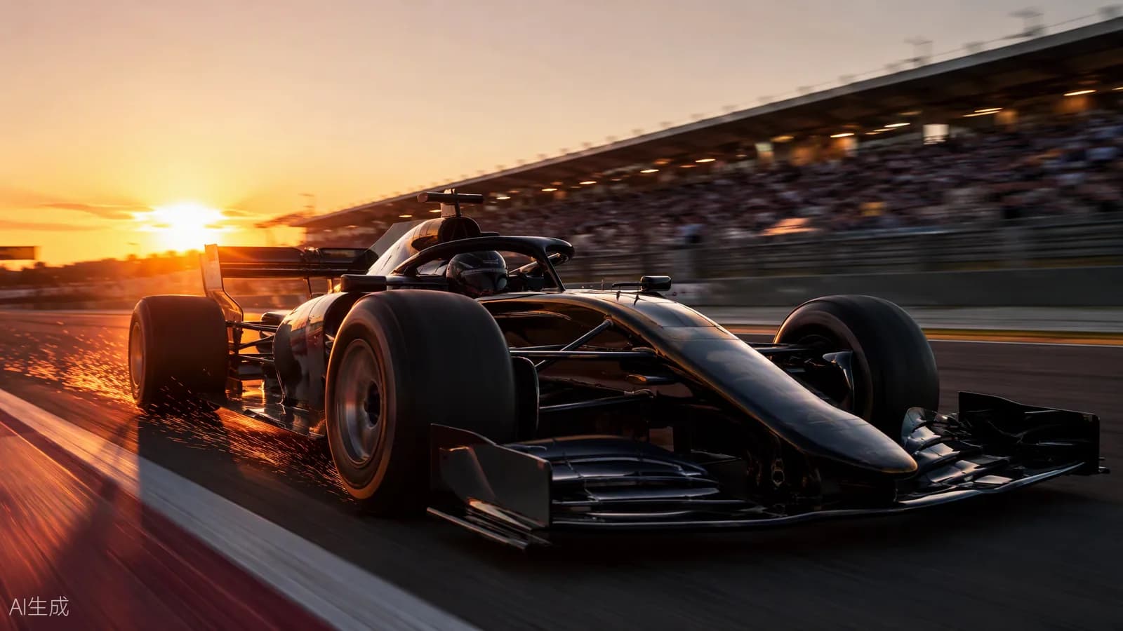 Monoplace de Formule 1 lancée sur un circuit au coucher du soleil, étincelles et vitesse