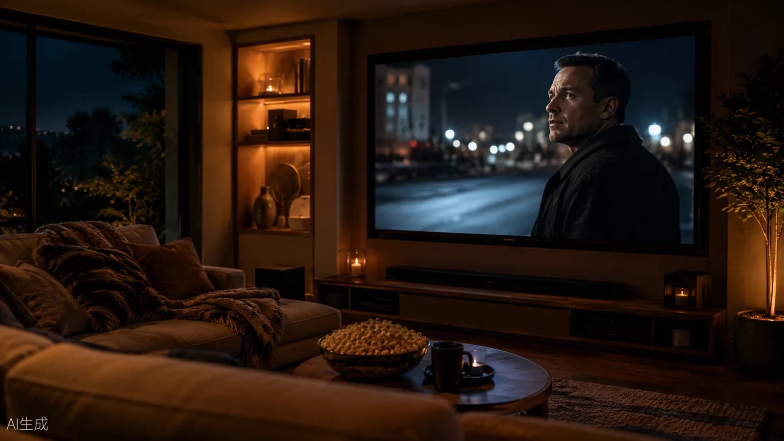 Salon home cinéma le soir, grand écran allumé sur un film, canapé et pop-corn