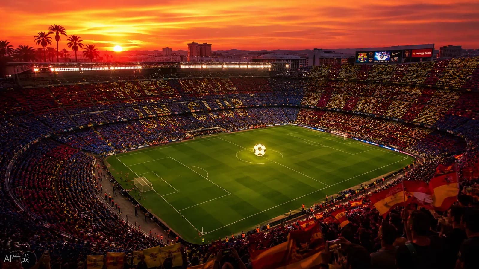 Stade espagnol de LaLiga au coucher du soleil, supporters en mosaïque
