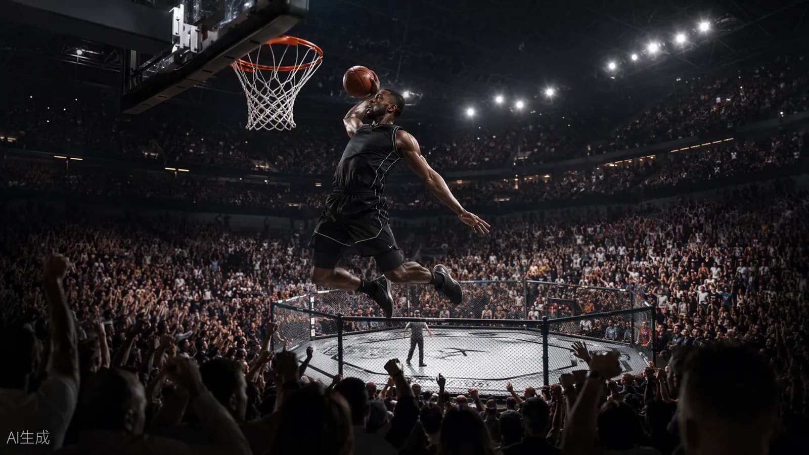 Dunk sous les projecteurs d’une salle de basket, ambiance octogone en arrière-plan