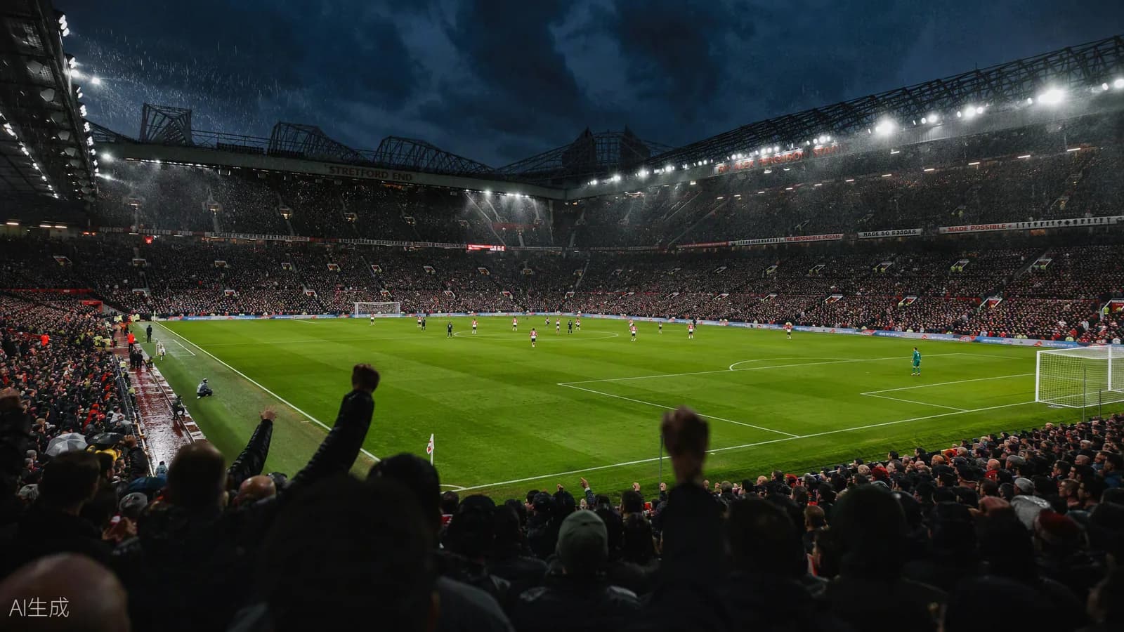 Stade anglais de Premier League sous la pluie, tribunes pleines et projecteurs