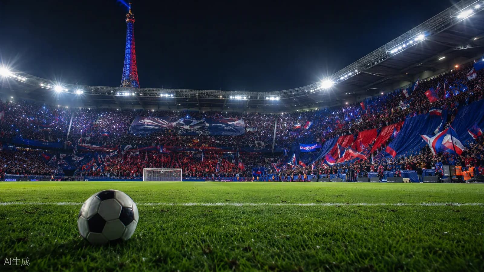 Stade parisien en nocturne, tribunes bleues et rouges en fusion, ballon sur la pelouse
