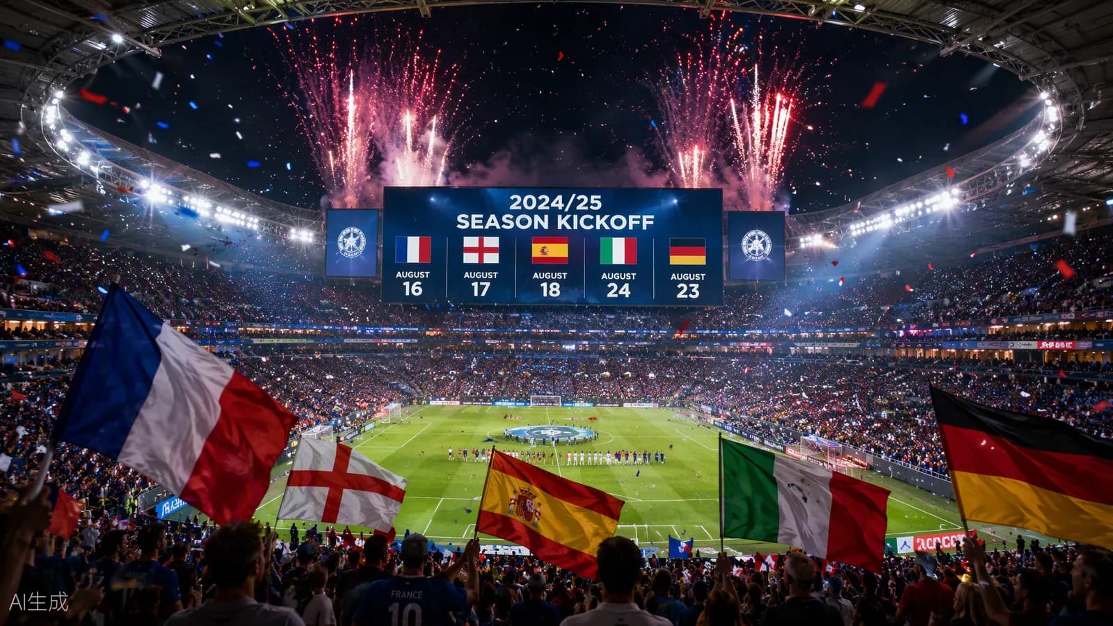 Drapeaux des nations européennes dans un stade en fête pour la reprise de la saison
