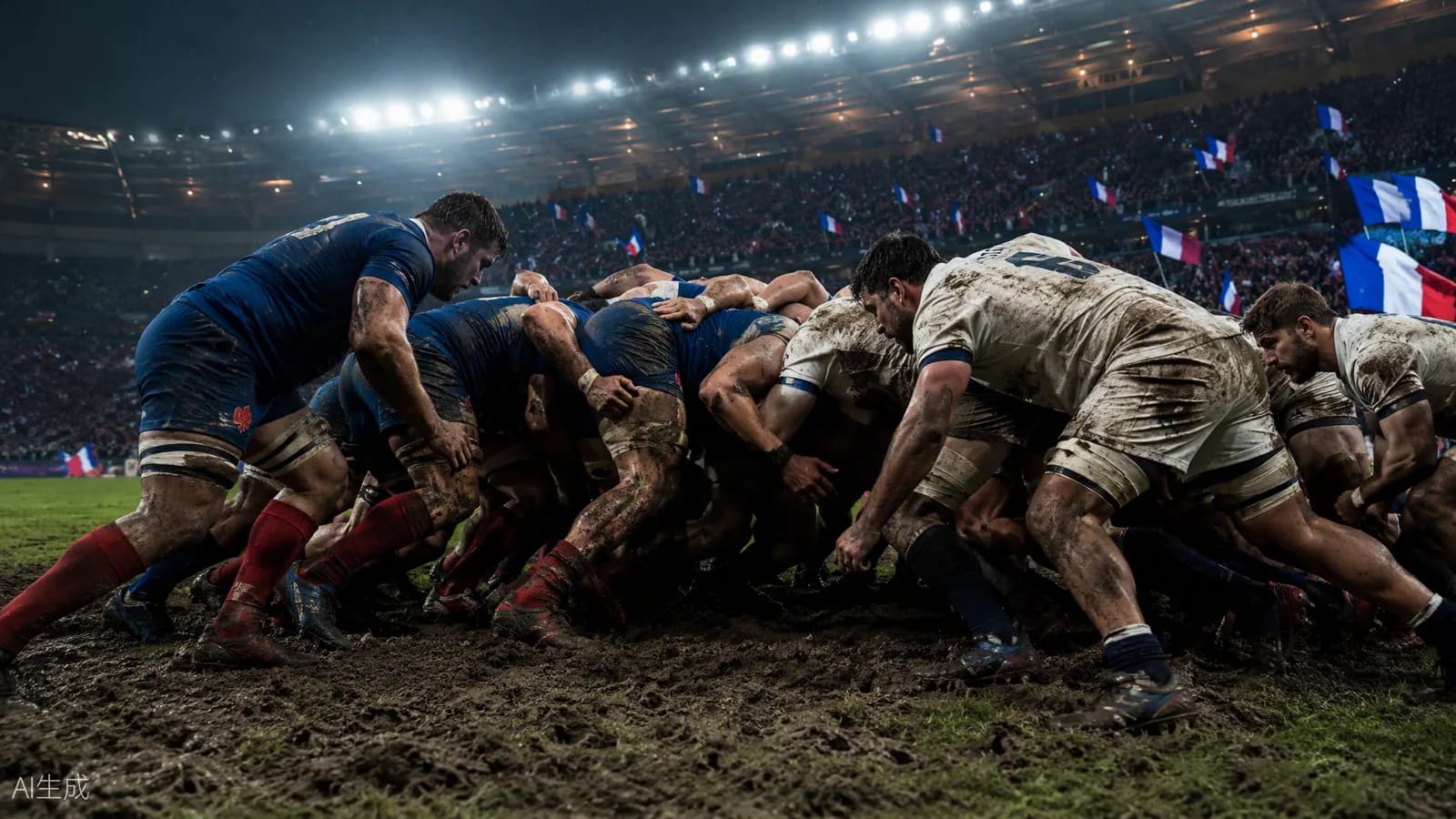 Mêlée de rugby dans un stade français plein, sous les projecteurs, drapeaux tricolores en tribunes