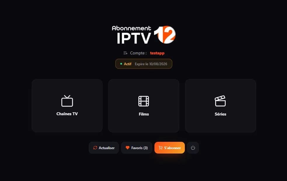 Écran d’accueil du lecteur IPTV en ligne, statut de l’abonnement et accès aux portails Chaînes, Films et Séries