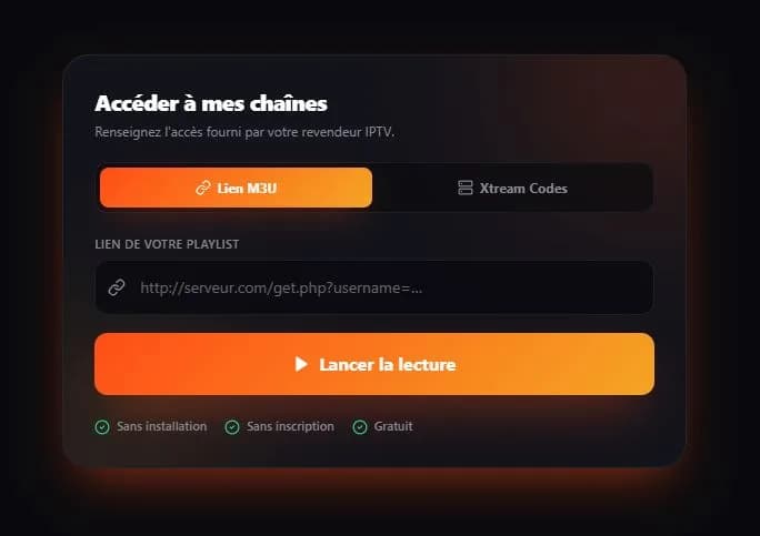 Écran de connexion du lecteur IPTV en ligne, onglet lien M3U avec le champ d’adresse de la playlist