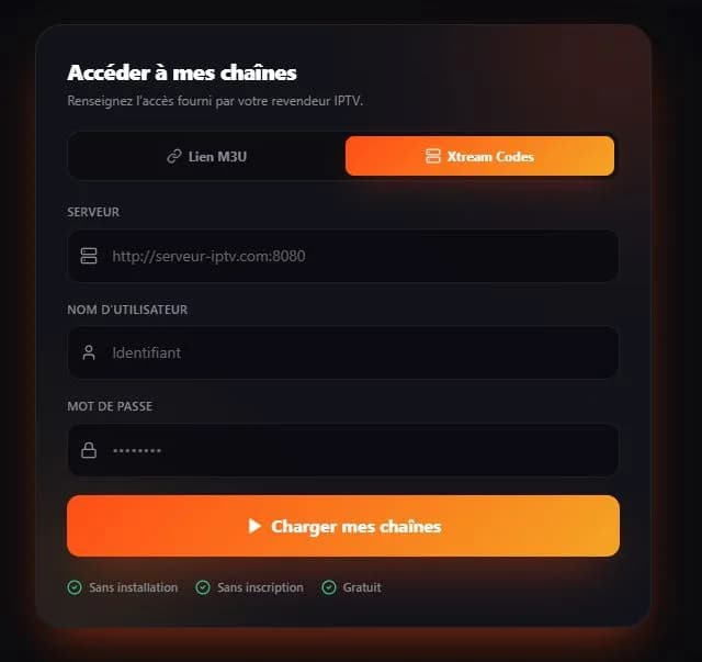 Écran de connexion du lecteur IPTV en ligne, onglet Xtream Codes avec les champs serveur, utilisateur et mot de passe