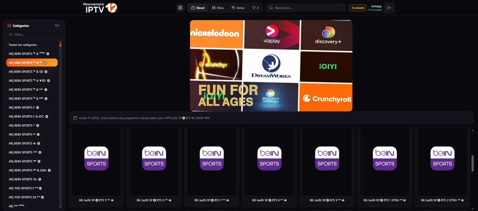 Chaînes de télévision en direct affichées dans le lecteur IPTV en ligne, avec le guide des programmes