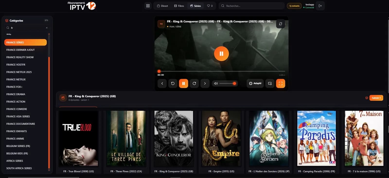Catalogue de séries dans le lecteur IPTV en ligne, saisons et épisodes listés