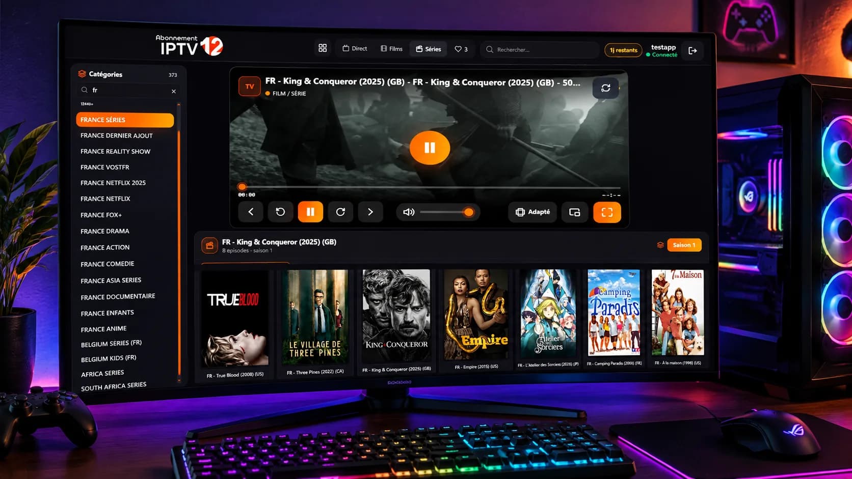 Lecteur IPTV en ligne sur PC Windows, interface du player ouverte dans le navigateur