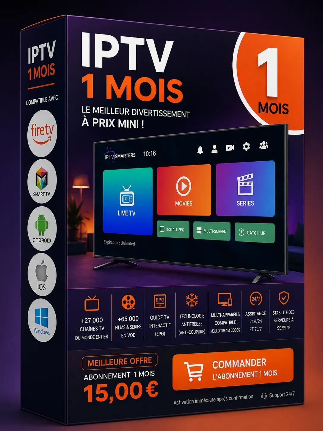 Abonnement IPTV 1 mois — +27 000 chaînes et +65 000 films & séries en 4K/HD