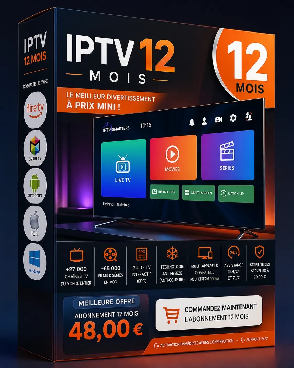 Abonnement IPTV 12 mois — +27 000 chaînes et +65 000 films & séries en 4K/HD