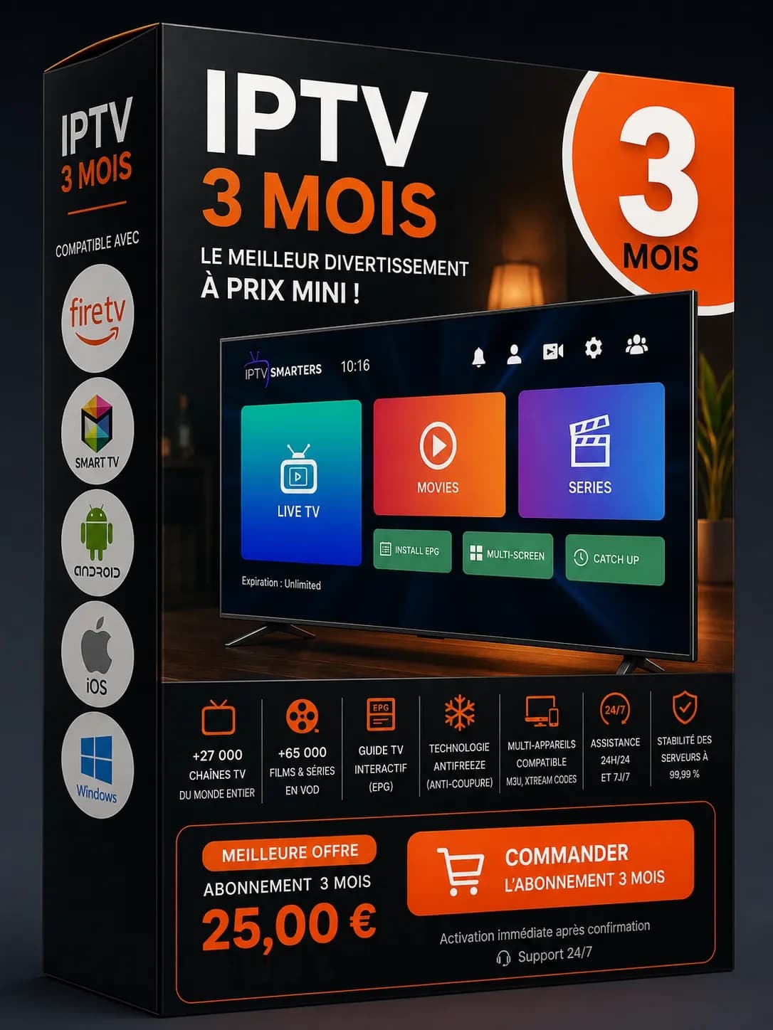 Abonnement IPTV 3 mois — +27 000 chaînes et +65 000 films & séries en 4K/HD