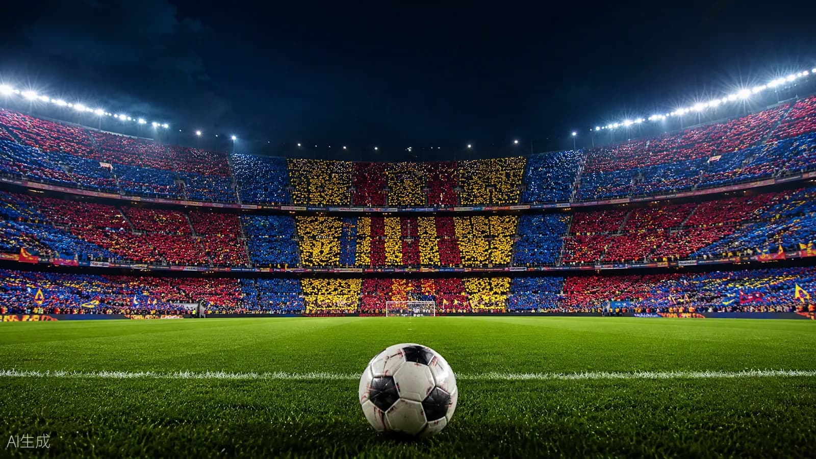 Immense stade barcelonais en nocturne, mosaïque bleu grenat en tribunes, ballon sur la pelouse