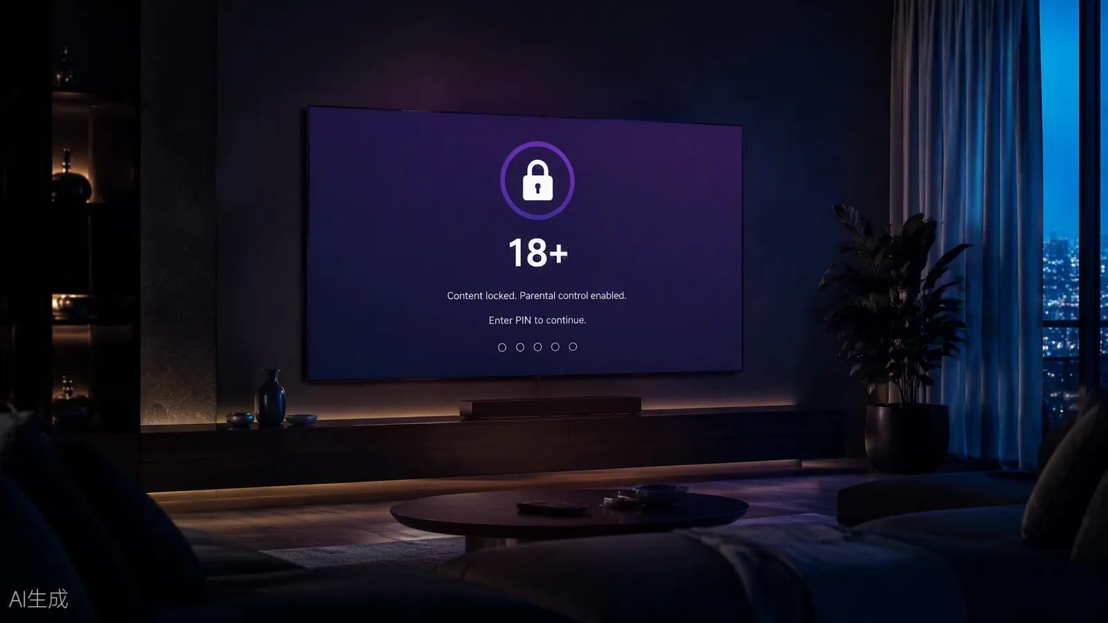 Salon le soir, téléviseur affichant un écran de verrouillage parental 18+ avec code PIN