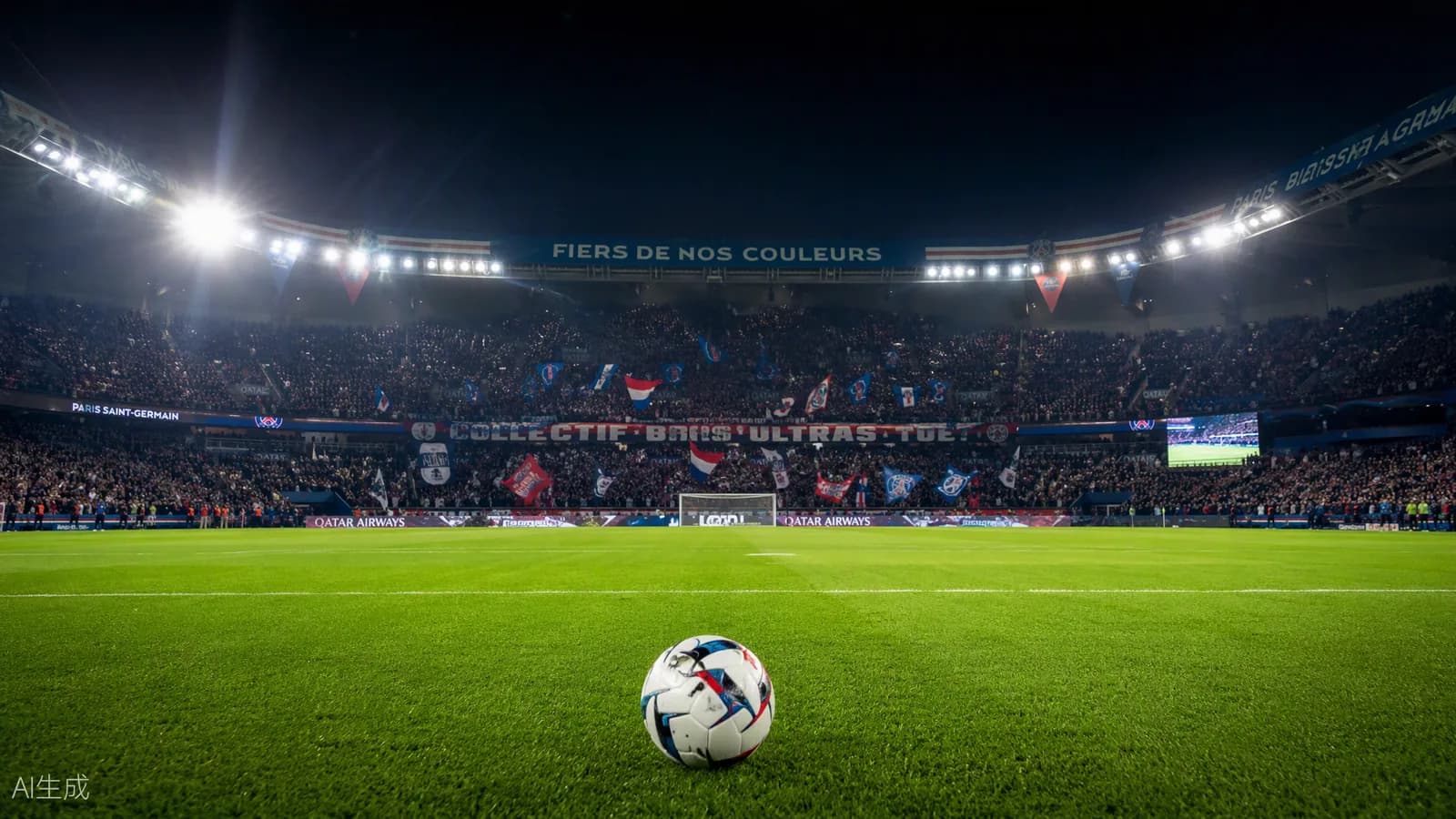 Stade français de Ligue 1 en nocturne, plein, sous les projecteurs