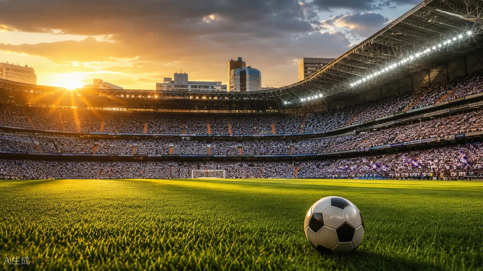 Grand stade madrilène au coucher du soleil, tribunes blanches pleines, ballon au premier plan