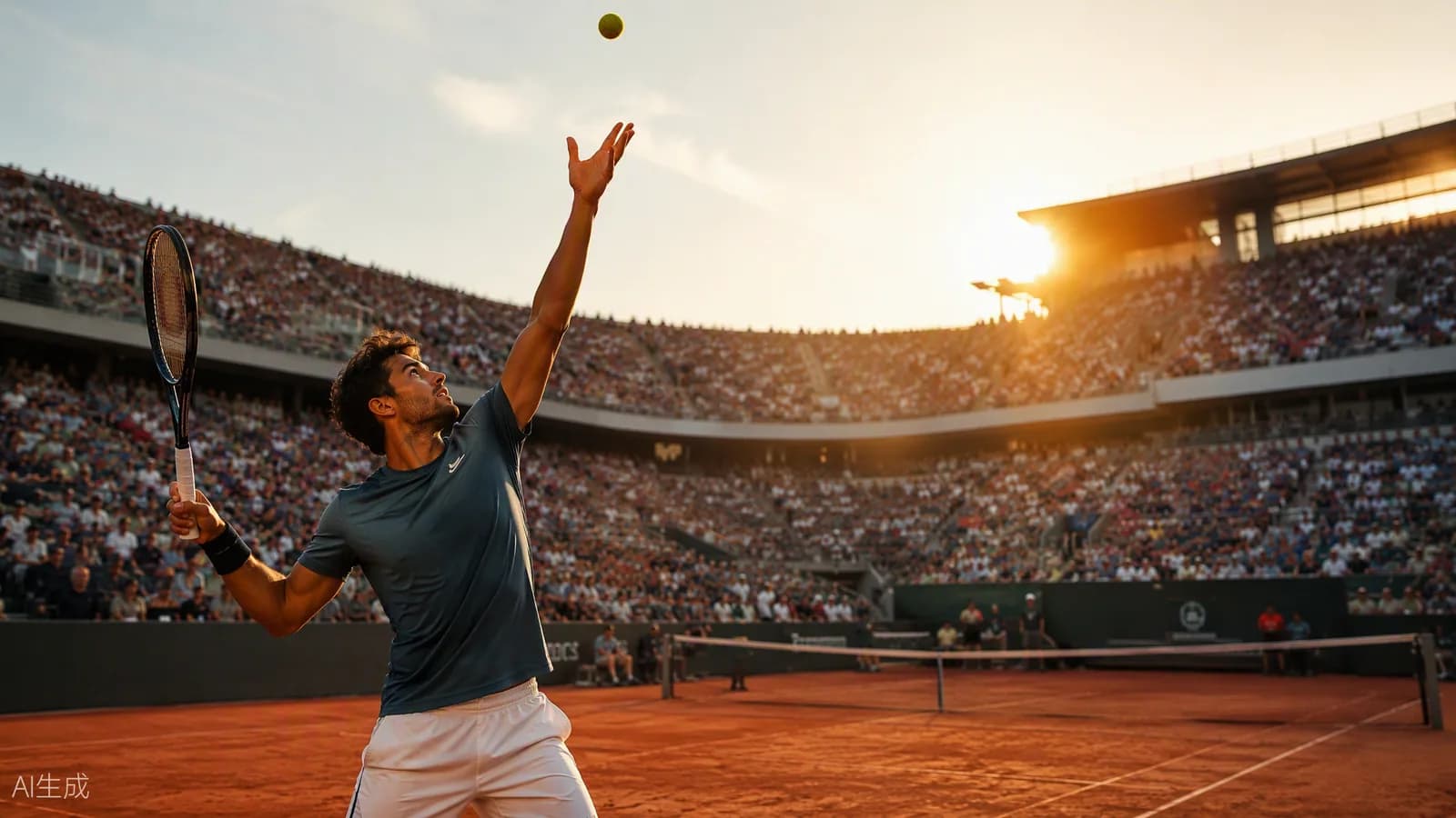 Joueur de tennis au service sur terre battue, lumière dorée, tribunes pleines