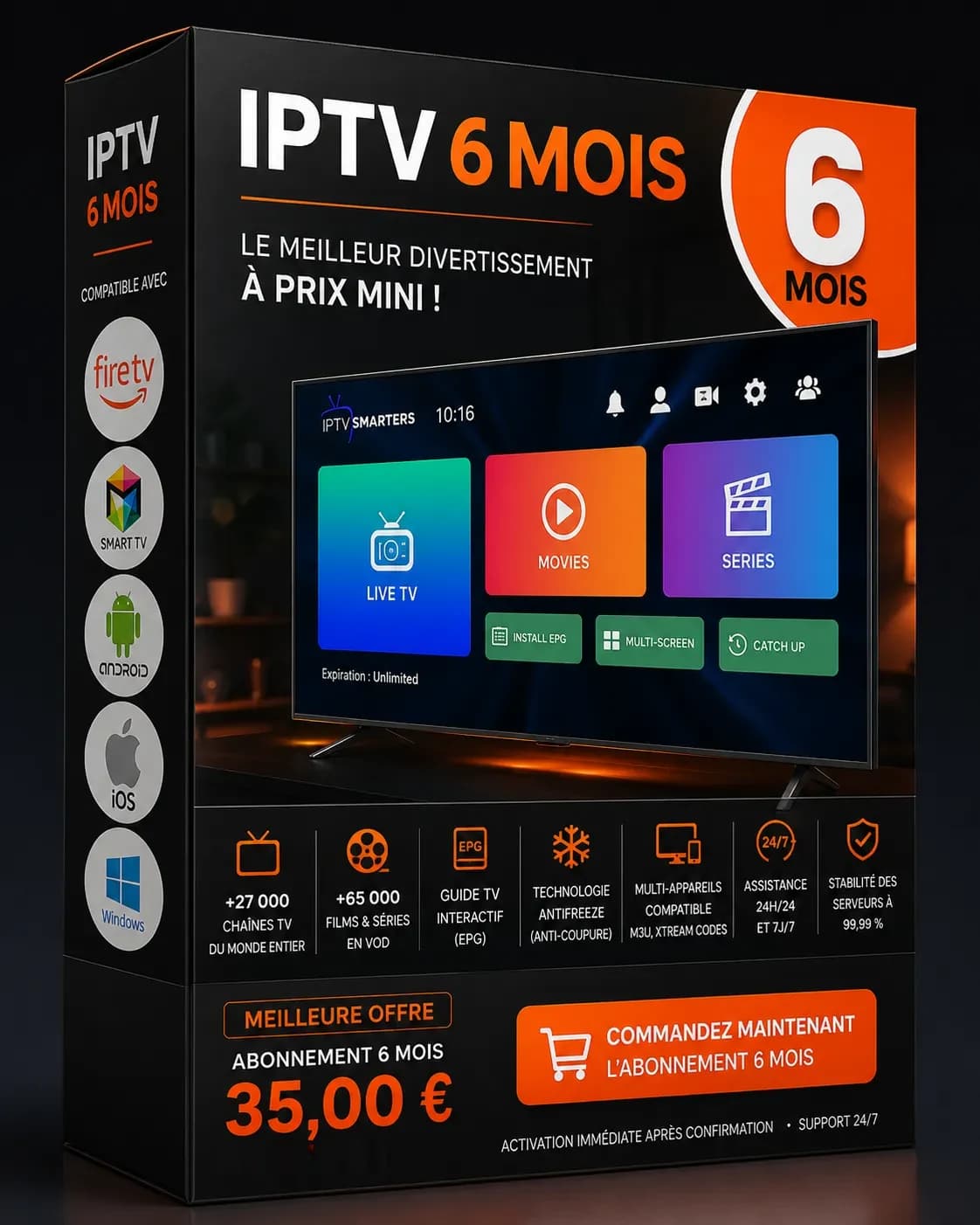Abonnement IPTV 6 mois — +27 000 chaînes et +65 000 films & séries en 4K/HD