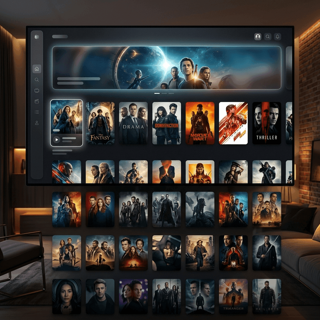 Interface de la vidéothèque à la demande : affiches de films et séries en 4K/HD